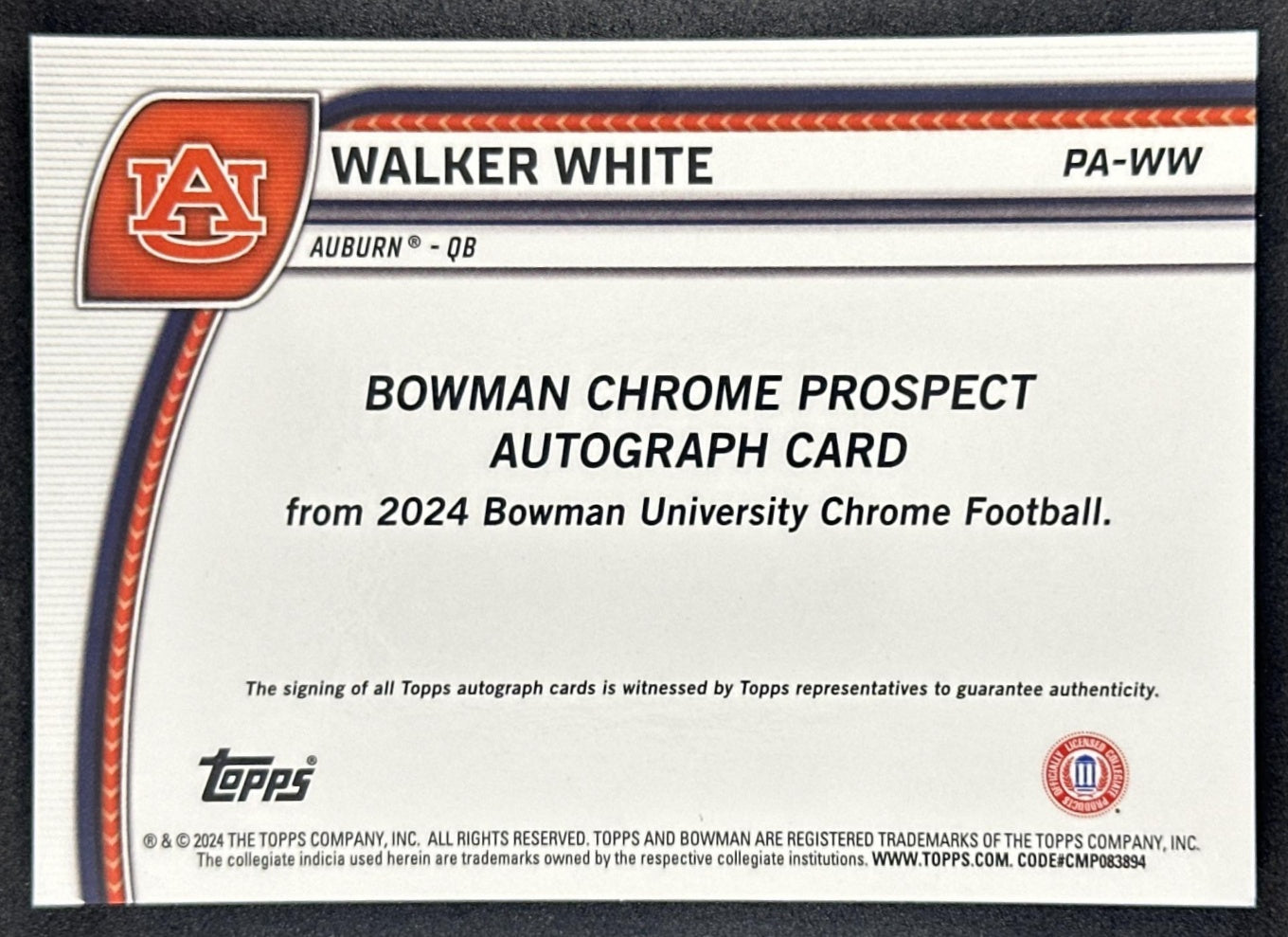Walker White 2024 Bowman Chrome University Prospect Auto back