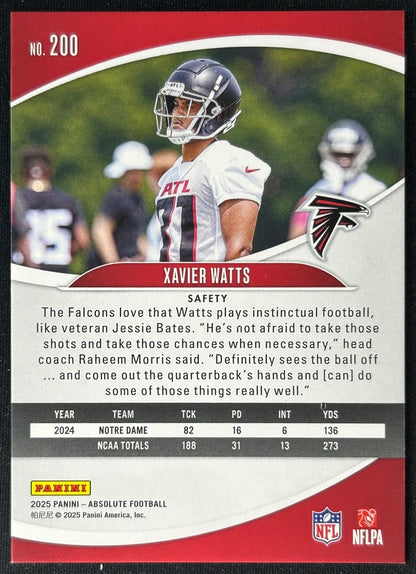Xavier Watts 2025 Absolute Rookies Falcons Sports Trading Cards