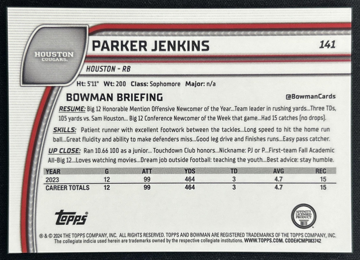 Parker Jenkins 2024 Chrome University Sapphire Orange Refractor /25 Texans back