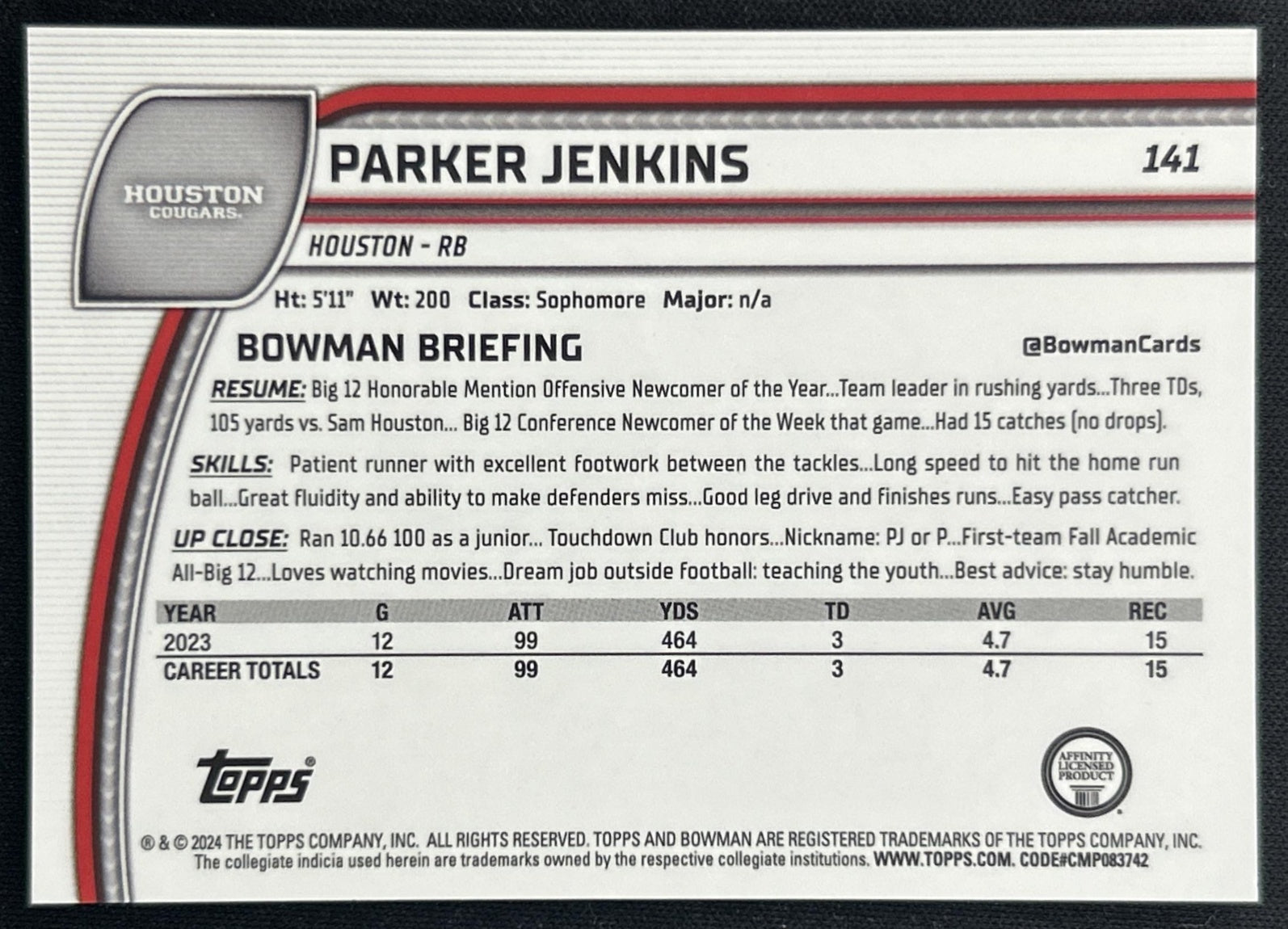Parker Jenkins 2024 Chrome University Sapphire Orange Refractor /25 Texans back
