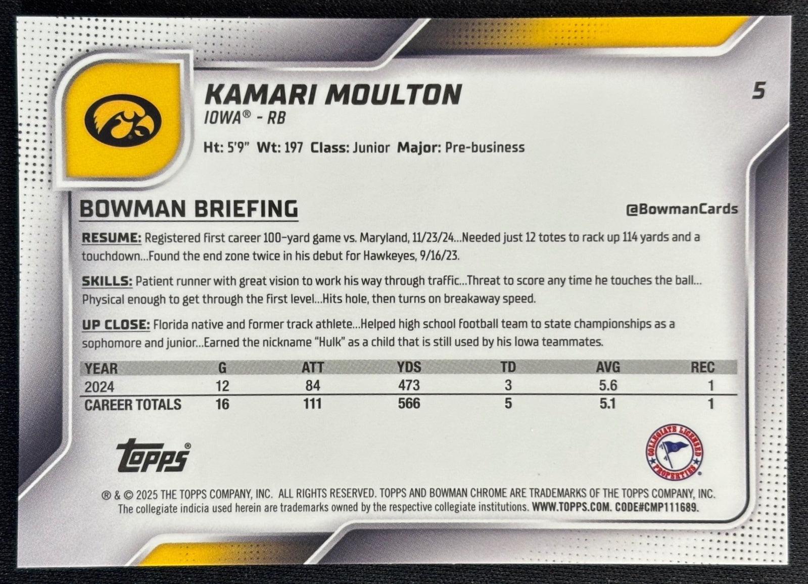 Kamari Moulton 2025 Chrome University Sapphire Prospect Gold Refractor /50 Hawkeyes sports trading card