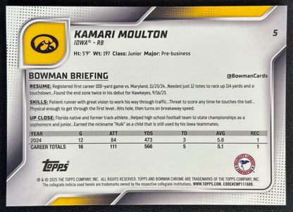 Kamari Moulton 2025 Chrome University Sapphire Prospect Gold Refractor /50 Hawkeyes sports trading card