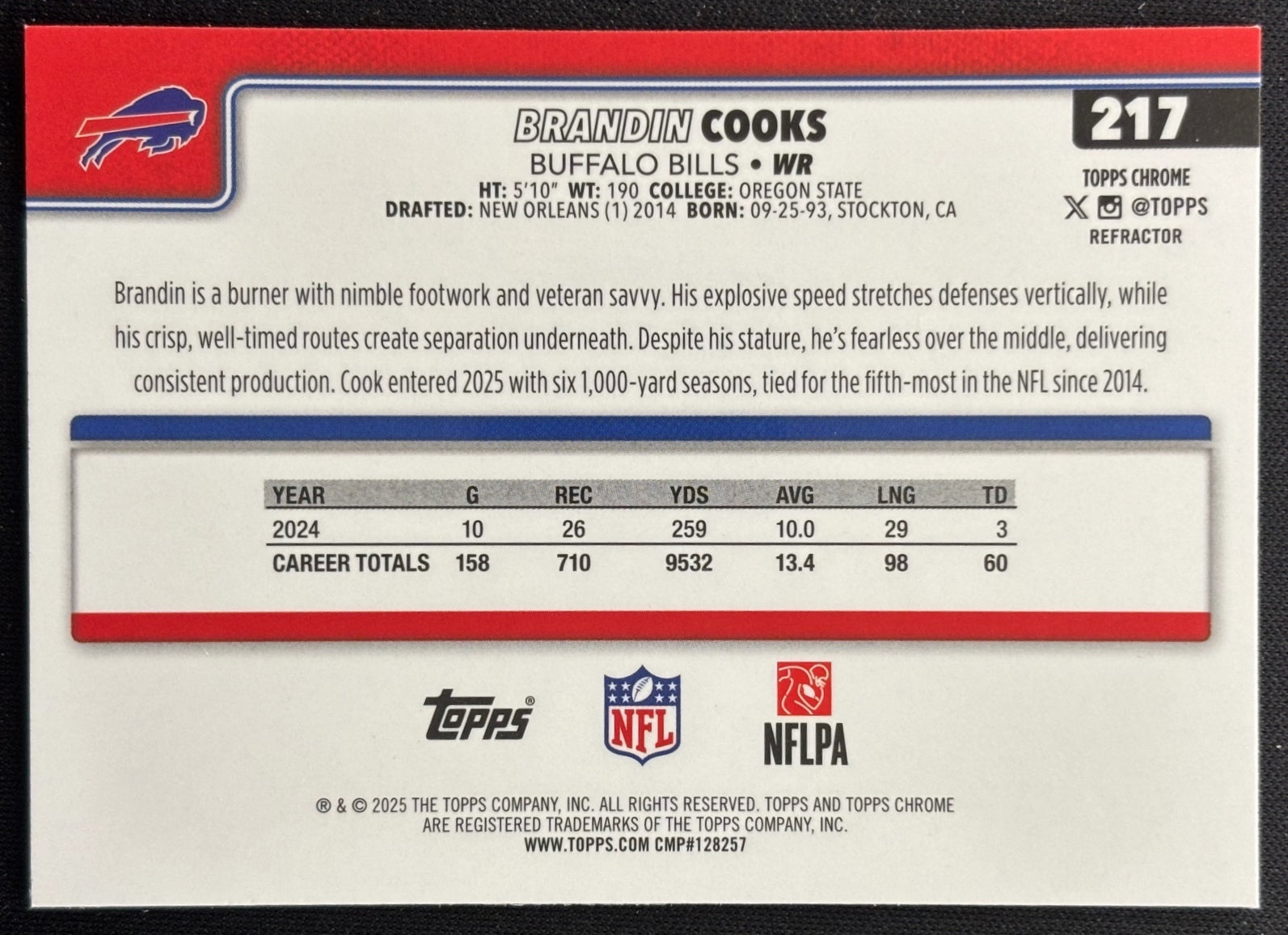 Brandin Cooks 2025 Chrome Refractor Bills Sports Trading Cards