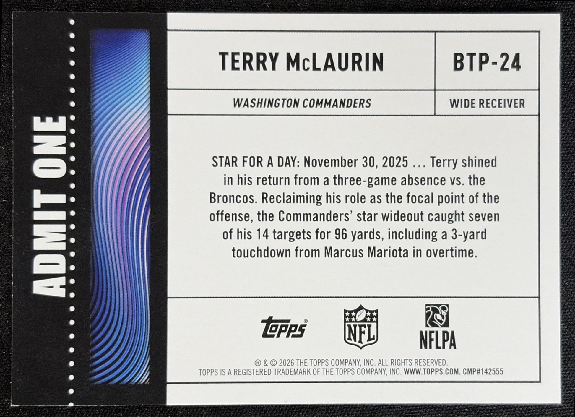 Terry McLaurin 2026 Topps Big Ticket Players Commanders back