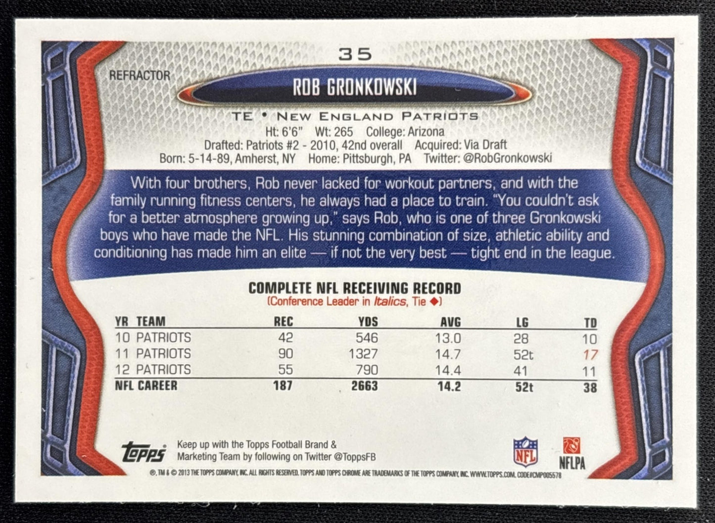 Rob Gronkowski 2013 Topps Chrome Refractor Patriots back