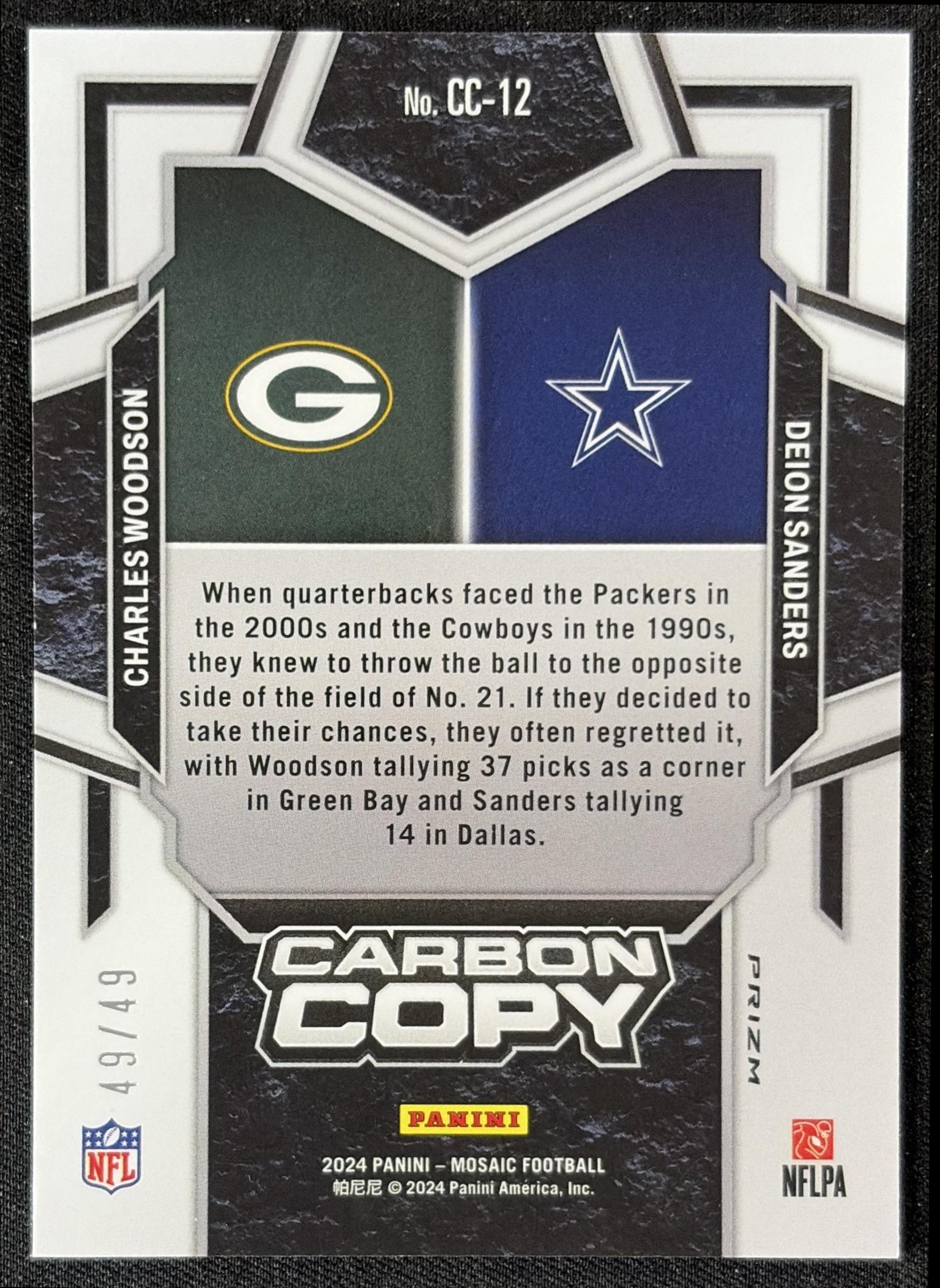 Charles Woodson Deion Sanders 2024 Panini Mosaic Carbon Copy Purple /49 Packers Cowboys - back