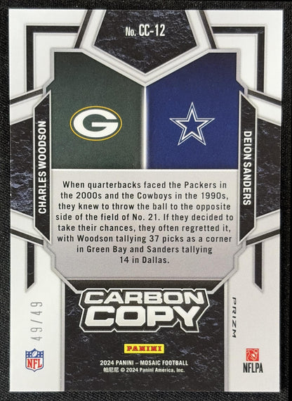 Charles Woodson Deion Sanders 2024 Panini Mosaic Carbon Copy Purple /49 Packers Cowboys - back