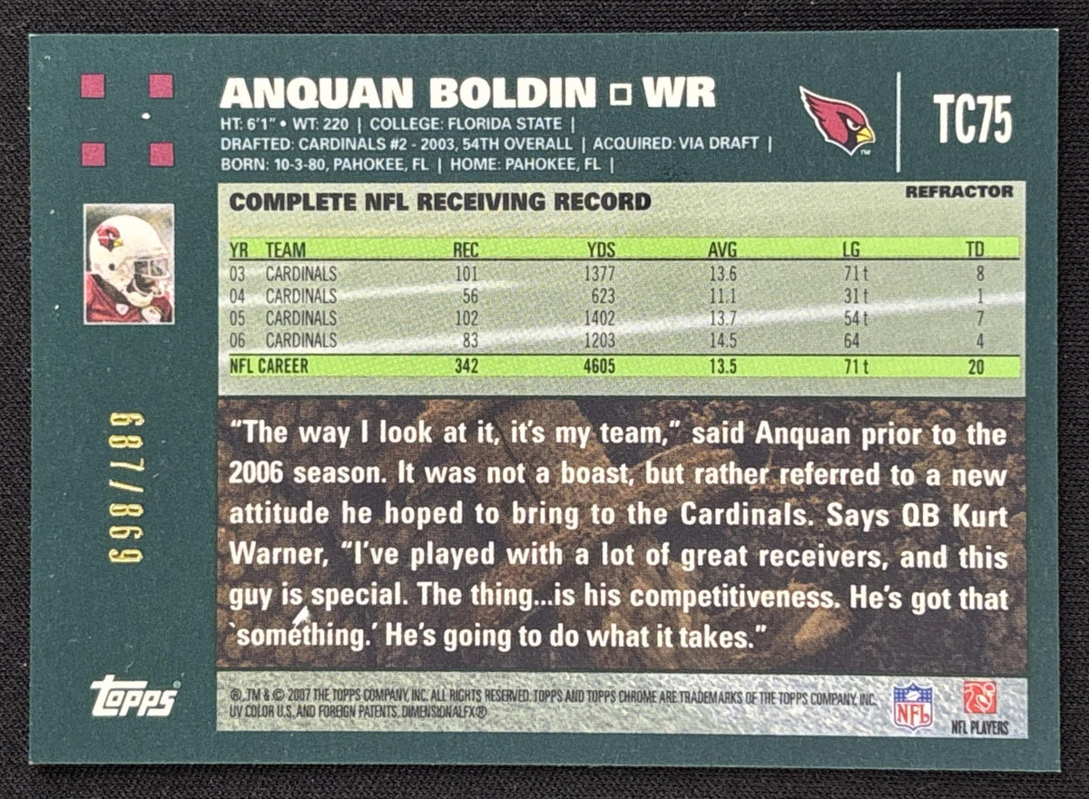 Anquan Boldin 2007 Topps Chrome White Refractors /869 Cardinals - Back