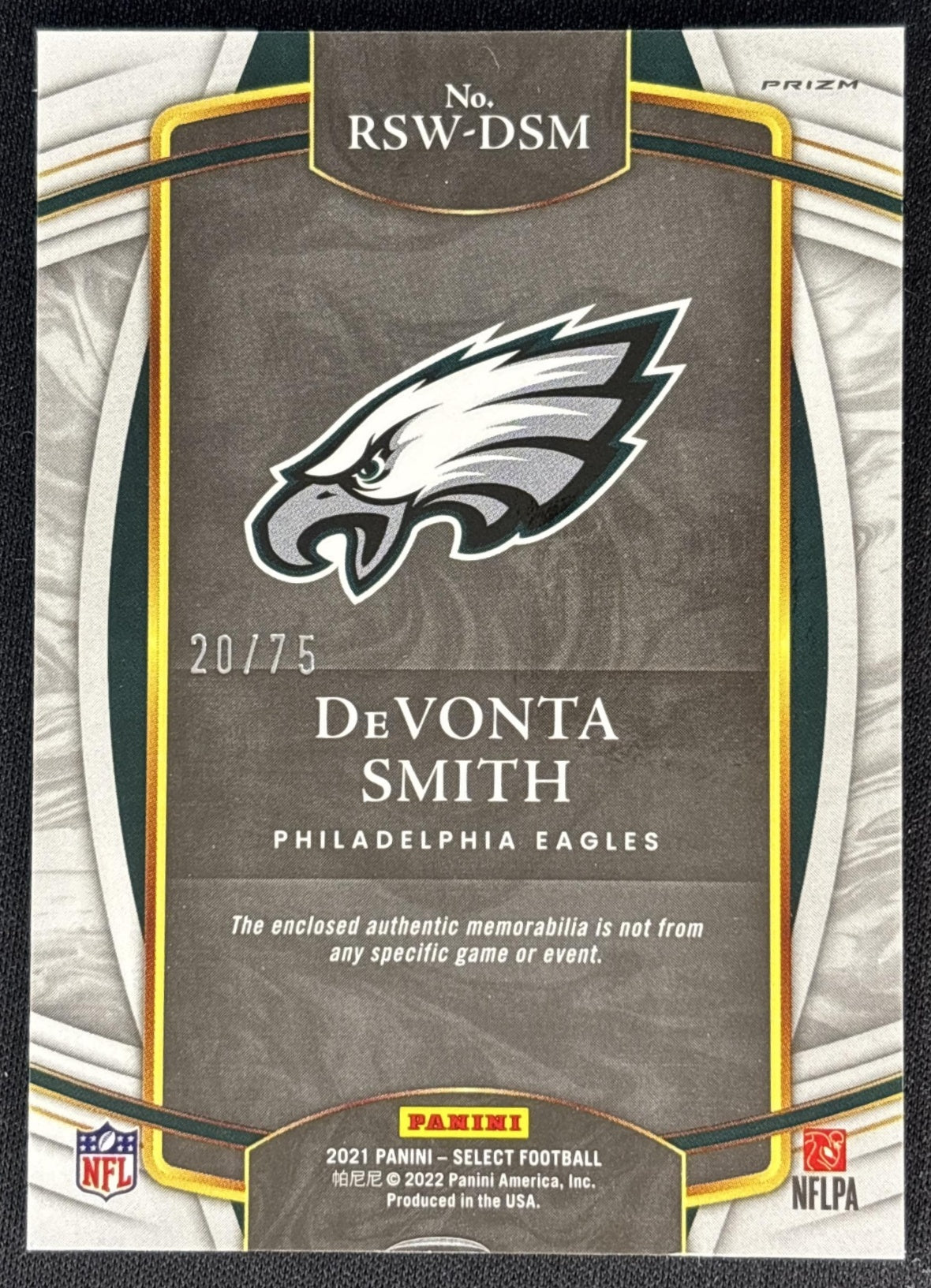 DeVonta Smith 2021 Panini Select Rookie Swatches White Prizm /75 Eagles