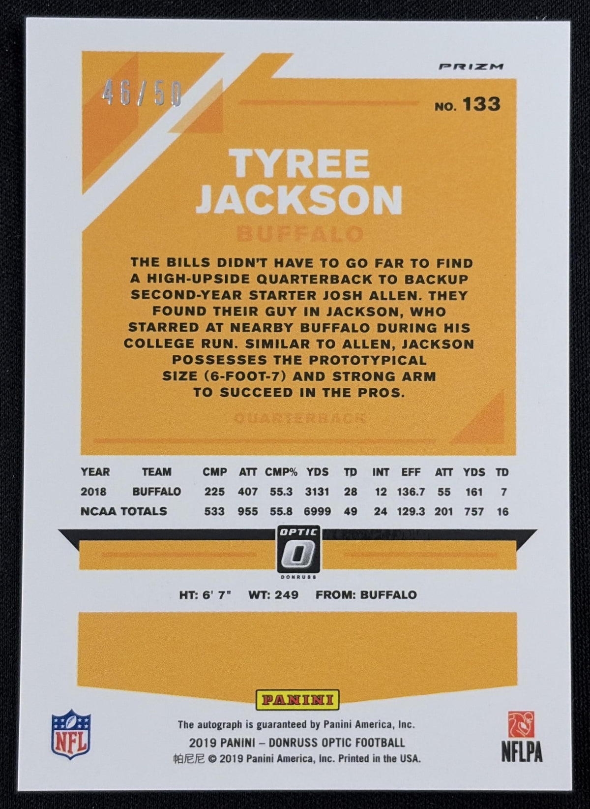 Tyree Jackson 2019 Panini Donruss Optic Rookies Auto Purple Stars /50 Bills Sports Trading Card