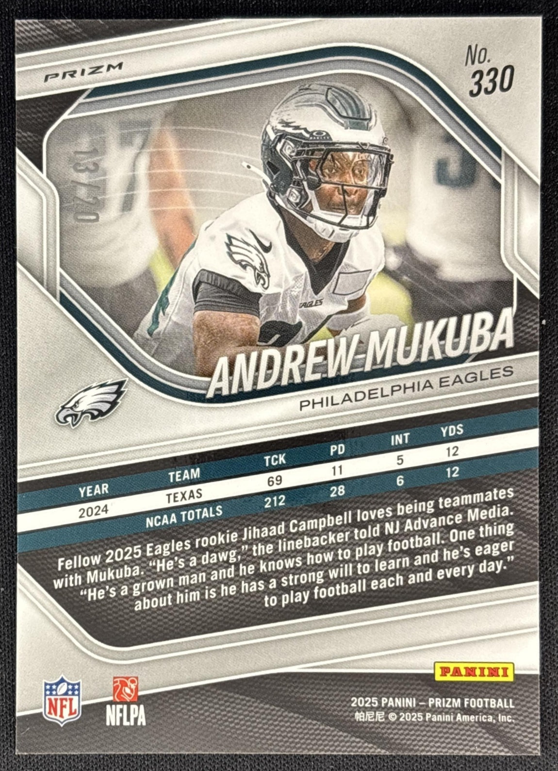 Andrew Mukuba 2025 Panini Prizm Choice Red /20 Eagles back