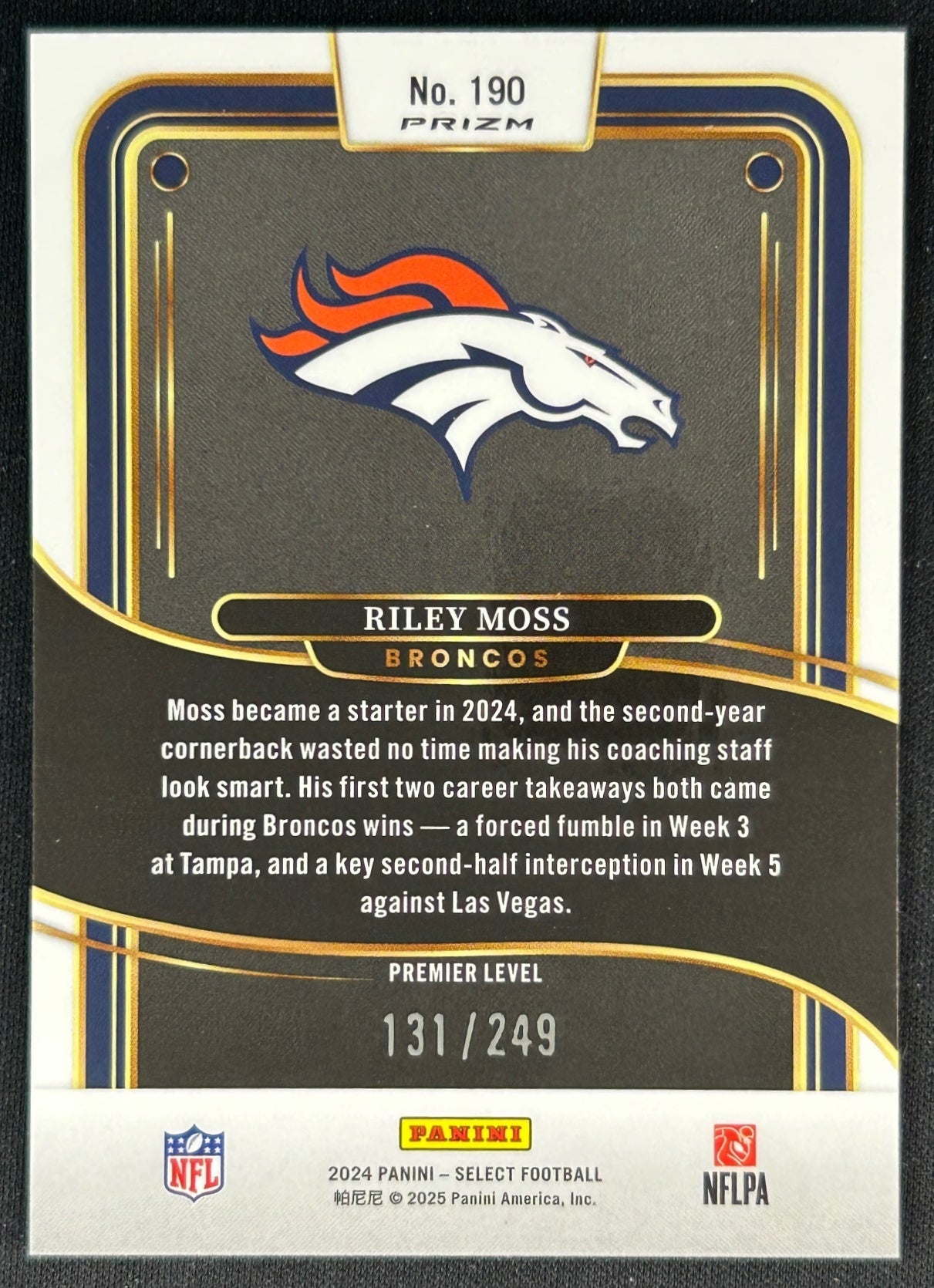 Riley Moss 2024 Select Premier Tri-Color Prizm /249 Broncos back