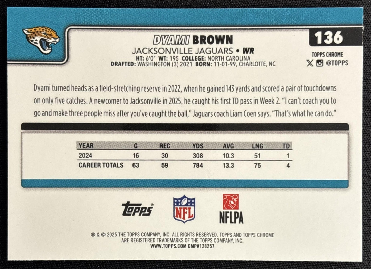 Dyami Brown 2025 Topps Chrome Green Wave Refractor /99 Jaguars Sports Trading Card