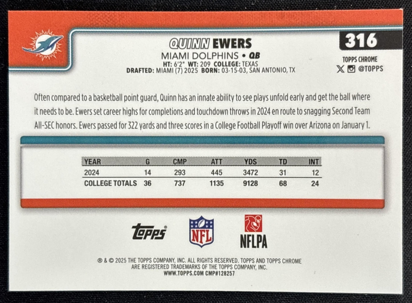 Quinn Ewers 2025 Topps Chrome Rookie Red/White/Blue Refractor Dolphins