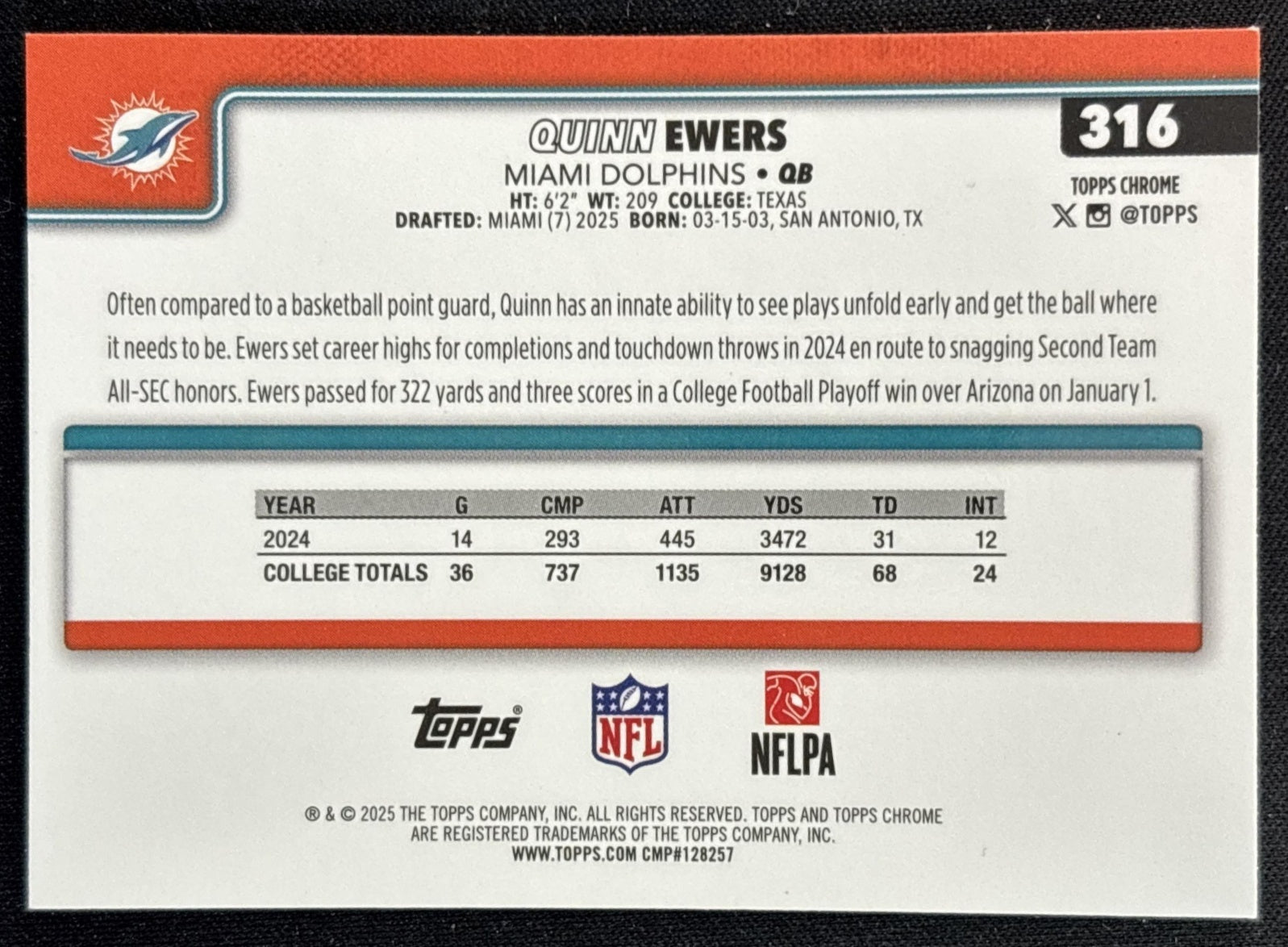 Quinn Ewers 2025 Topps Chrome Rookie Red/White/Blue Refractor Dolphins