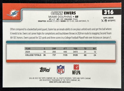 Quinn Ewers 2025 Topps Chrome Rookie Red/White/Blue Refractor Dolphins