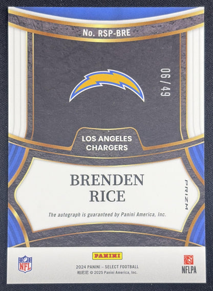 Brenden Rice 2024 Panini Select Rookie Signatures Light Blue Prizm /49 Chargers