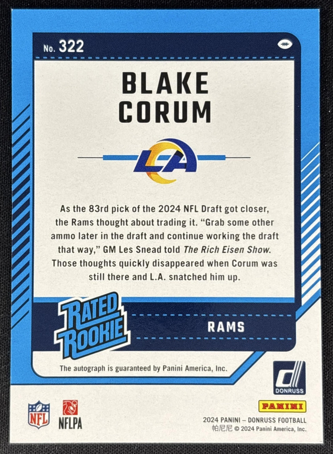 Blake Corum 2024 Panini Donruss Rated Rookie Auto /199 Rams Back