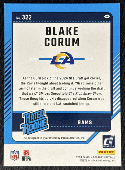 Blake Corum 2024 Panini Donruss Rated Rookie Auto /199 Rams Back
