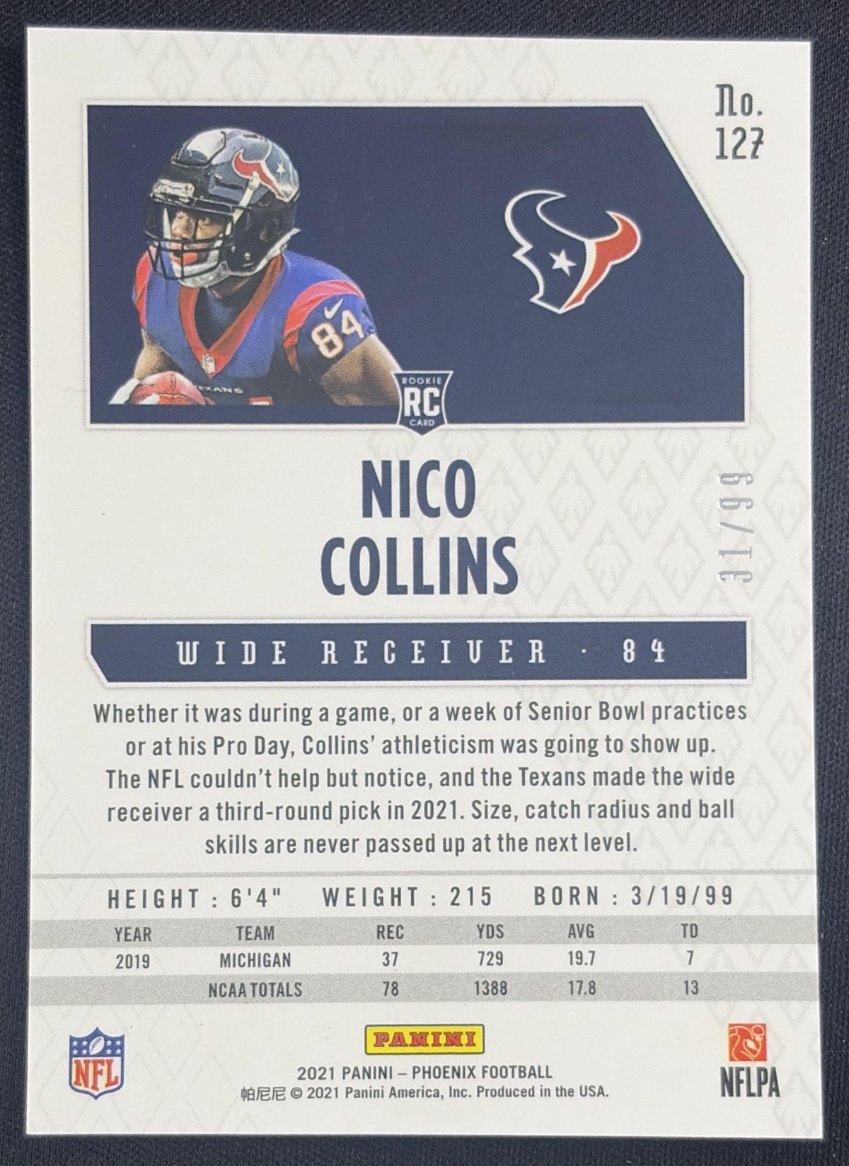 Nico Collins 2021 Panini Phoenix Orange /99 Texans Sports Trading Card