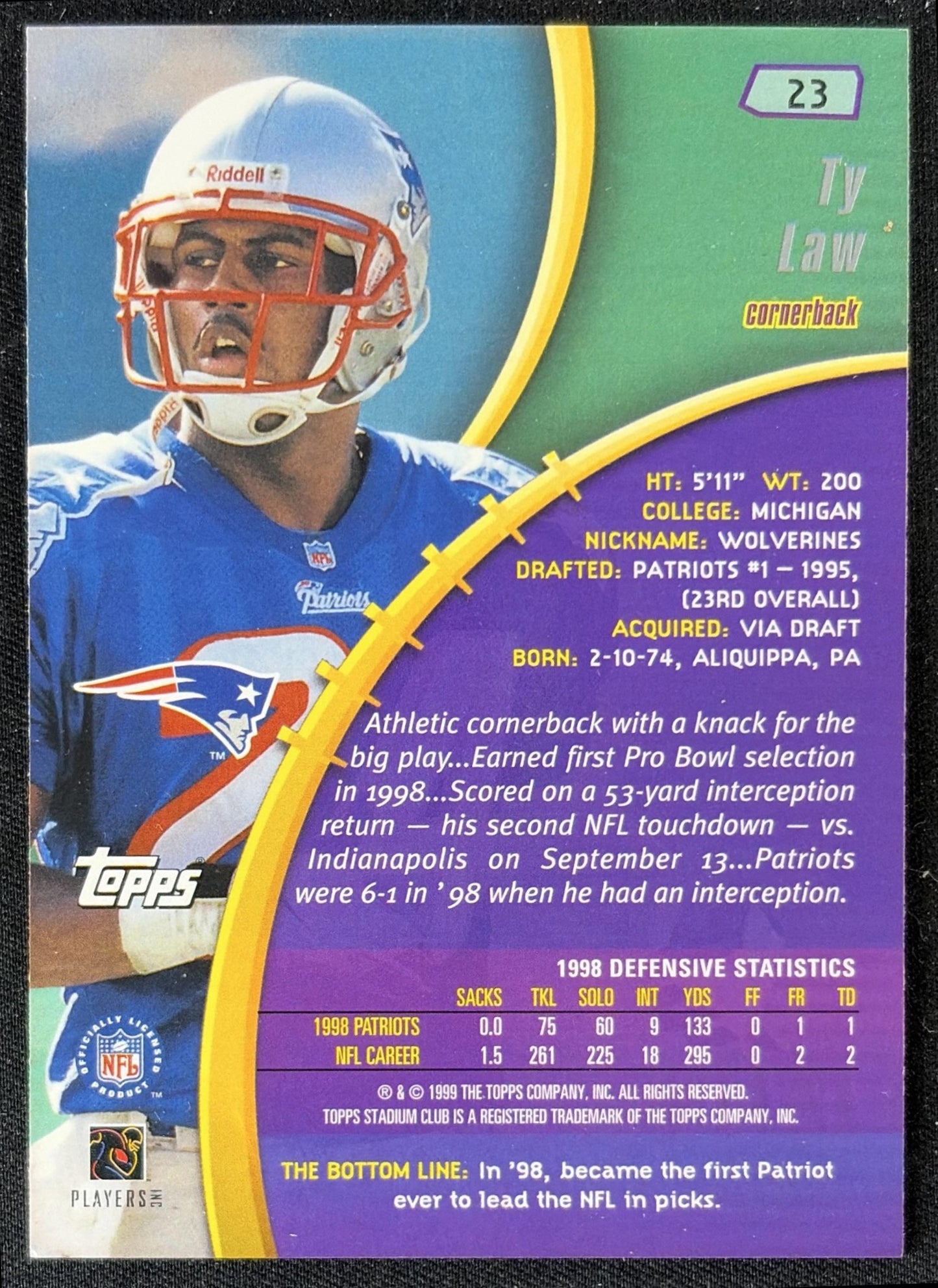 Ty Law 1999 Topps Stadium Club Patriots back
