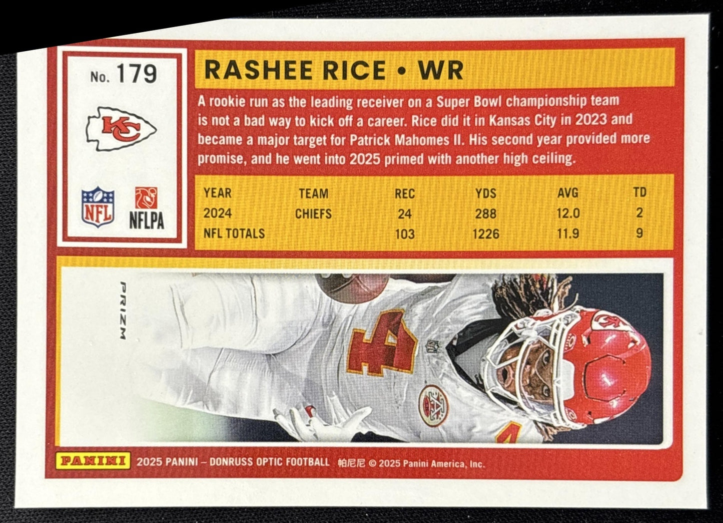 Rashee Rice 2025 Panini Donruss Optic Holo Prizm Chiefs back