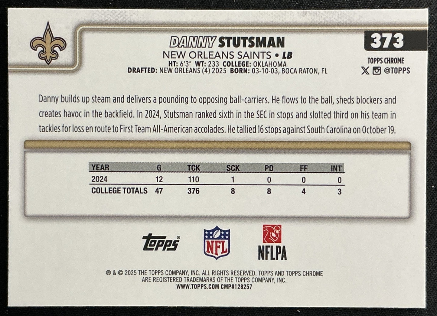 Danny Stutsman 2025 Topps Chrome Rookie Saints Sports Trading Cards