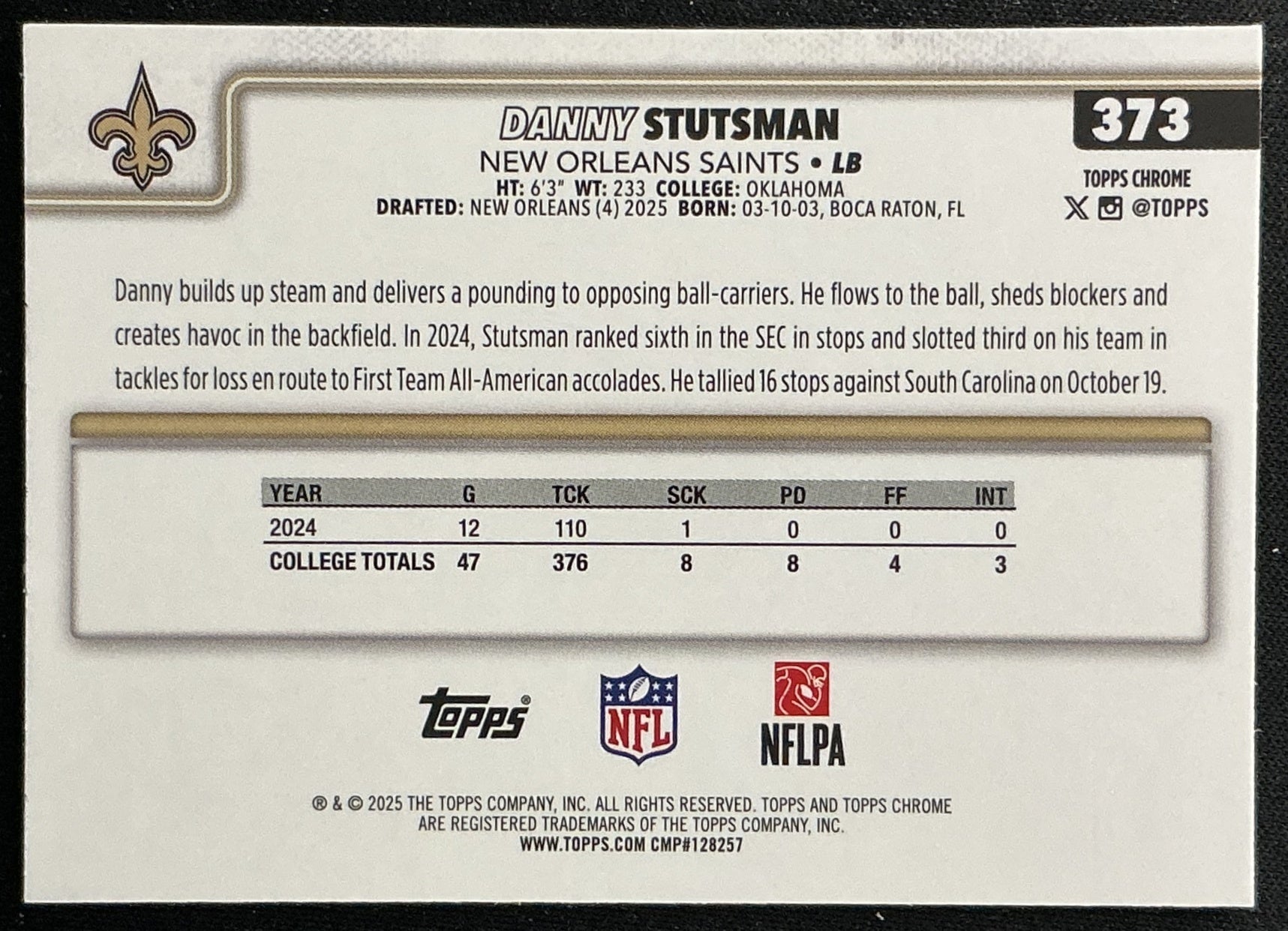 Danny Stutsman 2025 Topps Chrome Rookie Saints Sports Trading Cards