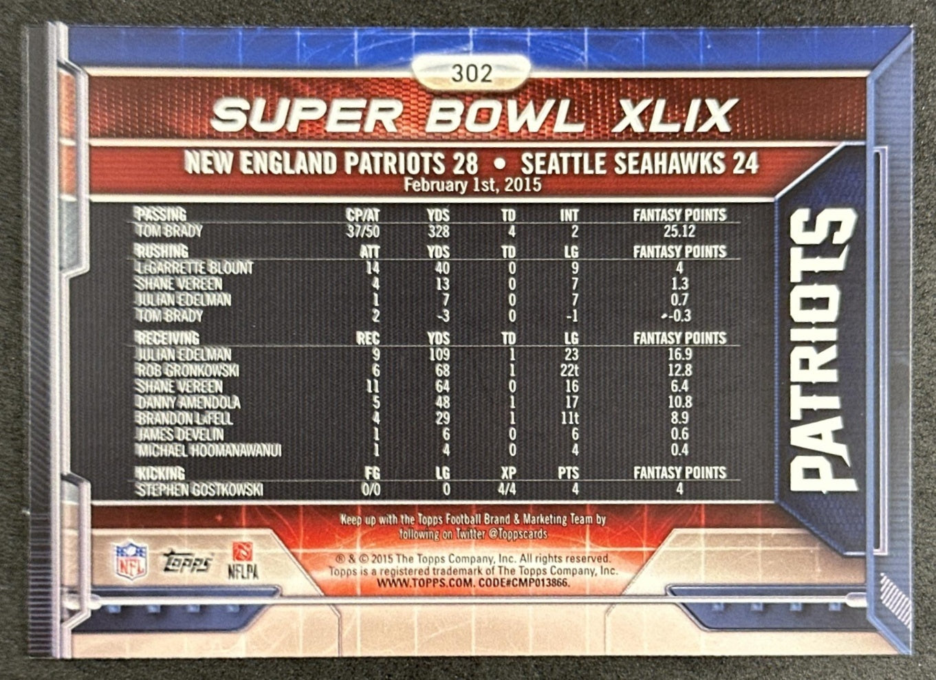 Tom Brady 2015 Topps Super Bowl XLIX Patriots