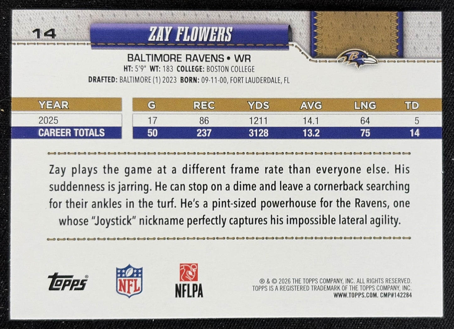 Zay Flowers 2026 Topps Rainbow Foil Ravens back