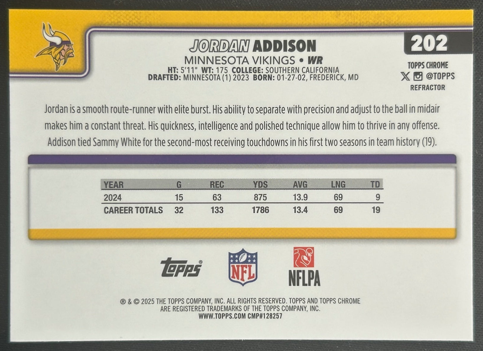 Jordan Addison 2025 Topps Chrome Refractor Vikings Sports Trading Cards