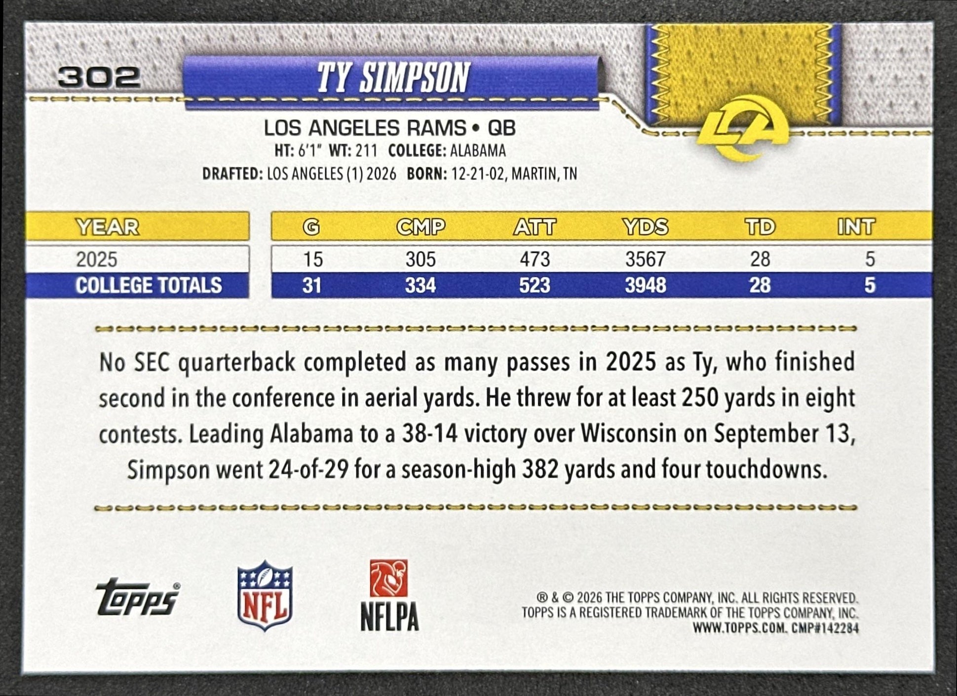 Ty Simpson 2026 Topps Flagship Rookie Rams Sports Trading Card