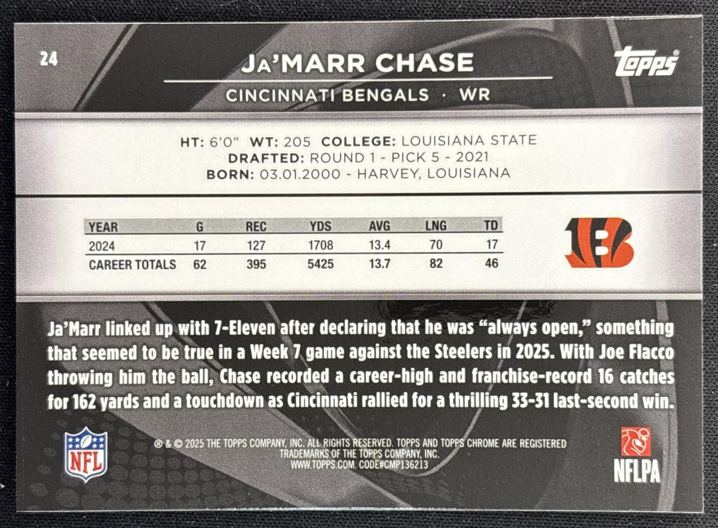 Ja'Marr Chase 2025 Topps Chrome Black Bengals back