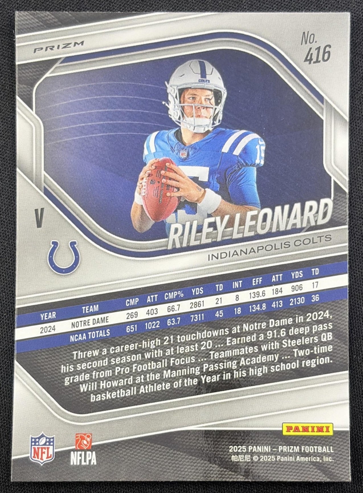 Riley Leonard 2025 Panini Prizm Rookie Variations No Huddle Colts Indianapolis Colts
