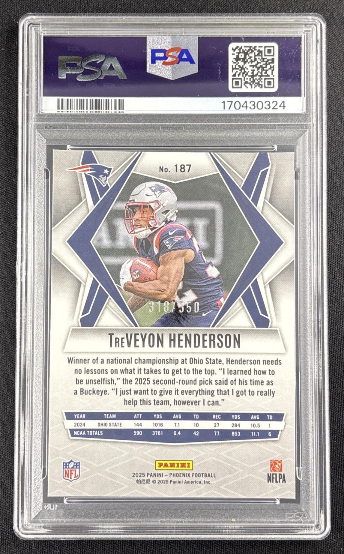TreVeyon Henderson 2025 Panini Phoenix Fire Burst Prizm /350 PSA 9 Patriots 170430324