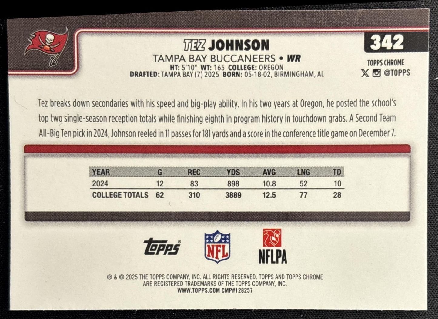 Tez Johnson 2025 Topps Chrome Sapphire Buccaneers Sports Trading Cards