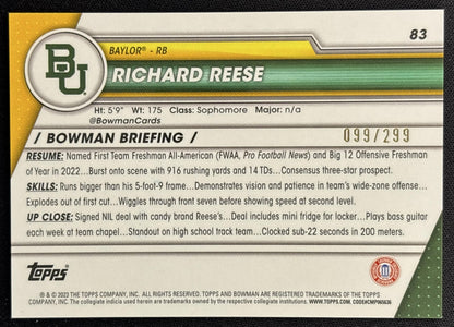 Richard Reese 2023 Bowman University Chrome Aqua Refractor /299 back
