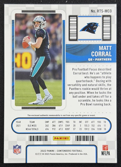 Matt Corral 2022 Panini Contenders Rookie Ticket Swatches Panthers