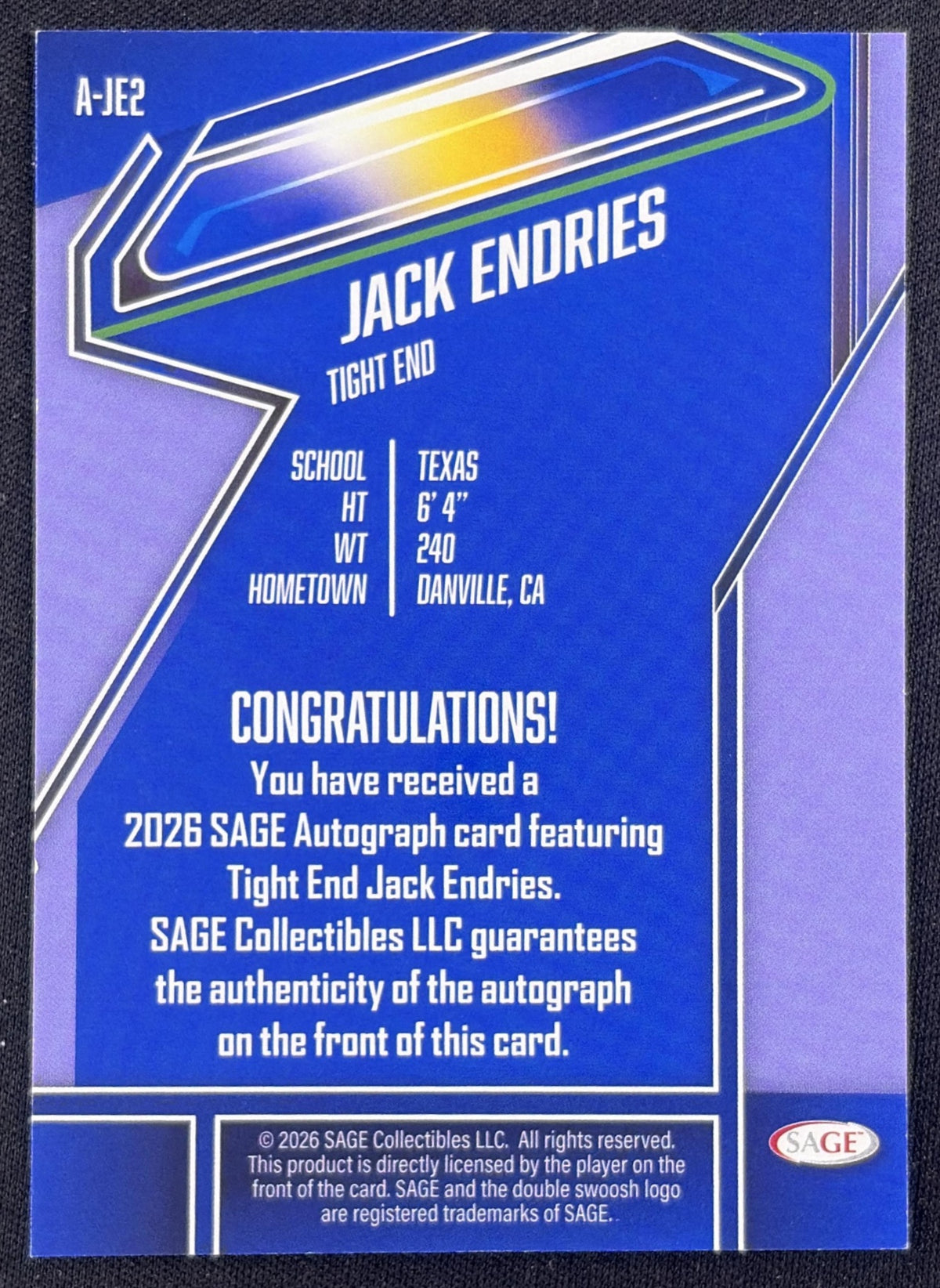 Jack Endries 2026 SAGE HIT Auto Gold High Series /100 Huskies