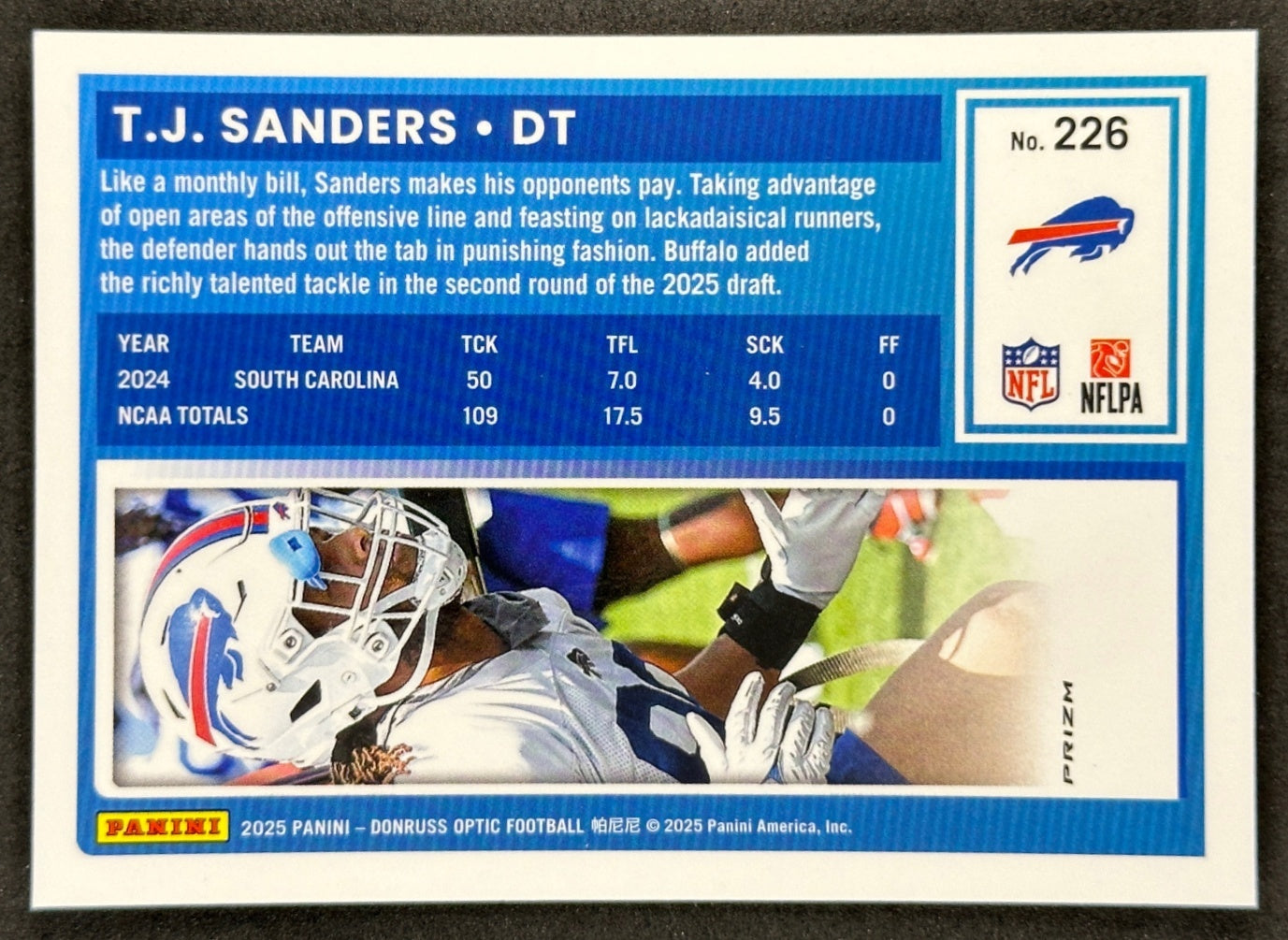 T.J. Sanders 2025 Donruss Optic Rated Rookie Purple Shock Prizm Bills
