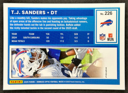 T.J. Sanders 2025 Donruss Optic Rated Rookie Purple Shock Prizm Bills