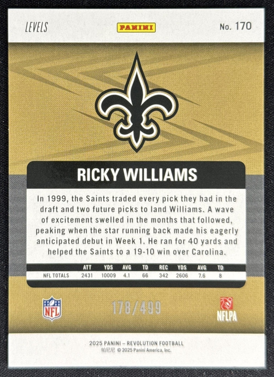 Ricky Williams 2025 Panini Revolution Teal Levels /499 Saints Sports Trading Card
