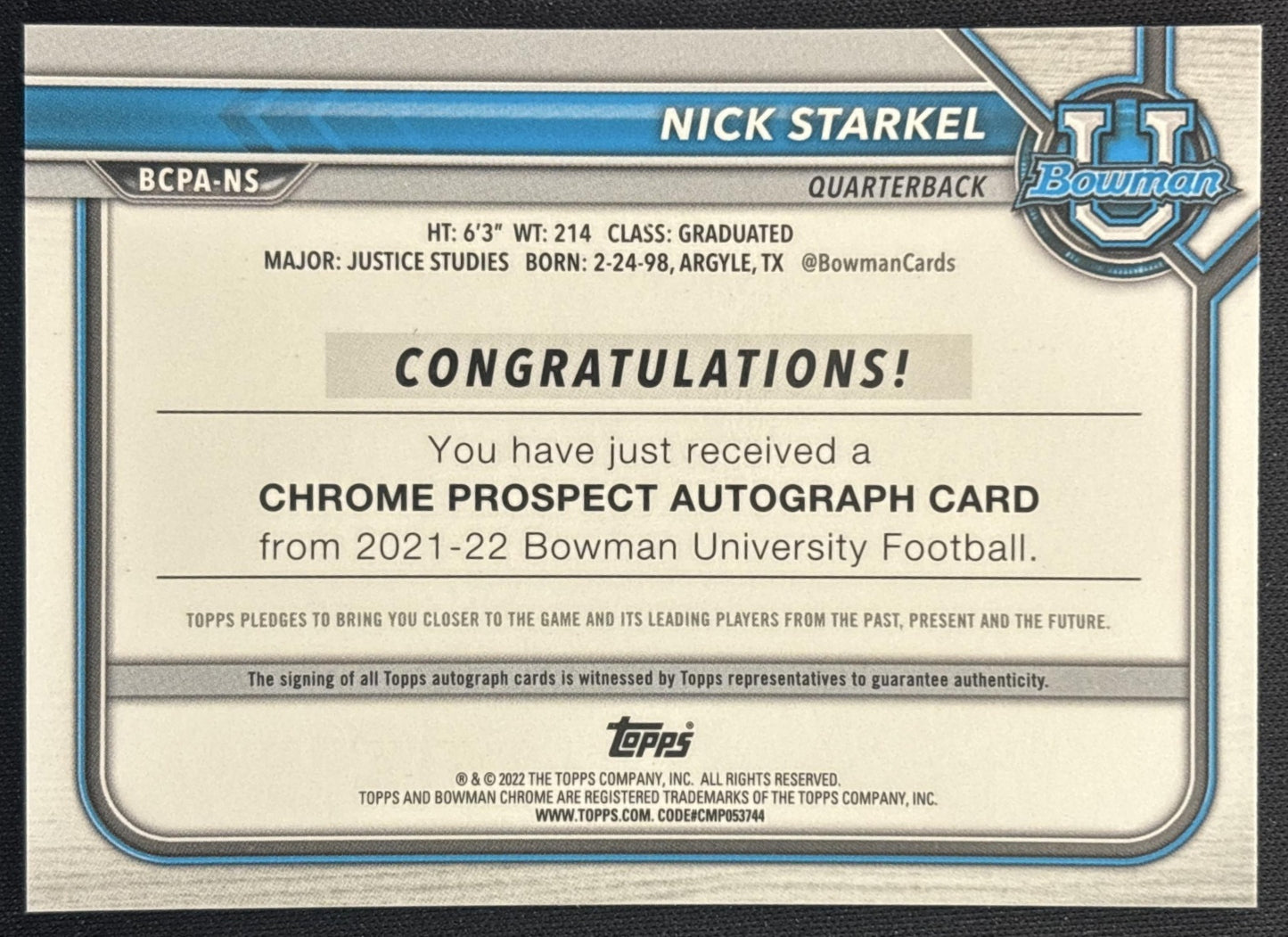 Nick Starkel 2021 Bowman University Chrome Prospects Auto back
