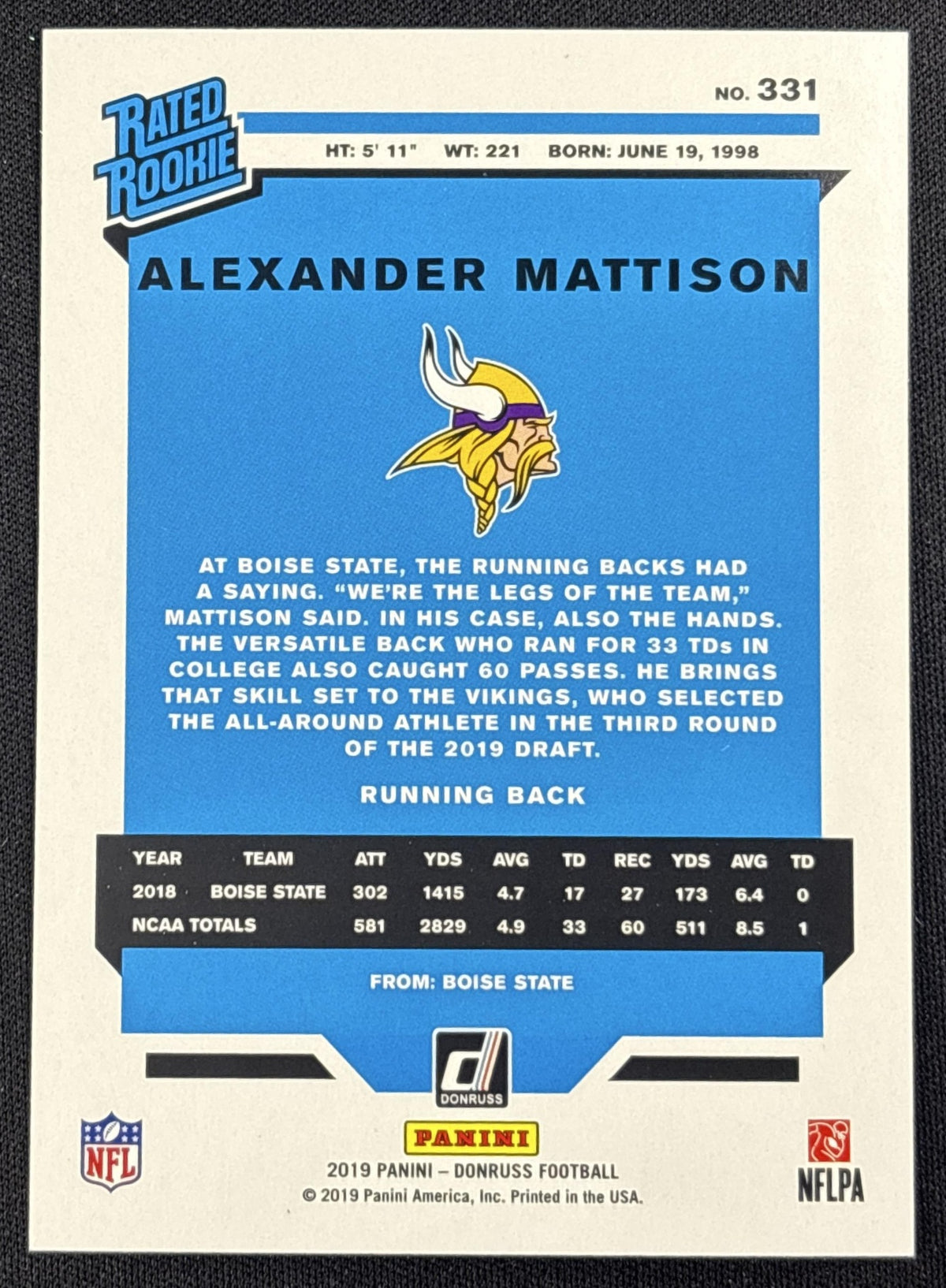 Alexander Mattison 2019 Panini Donruss Season Stat Line /500 Vikings