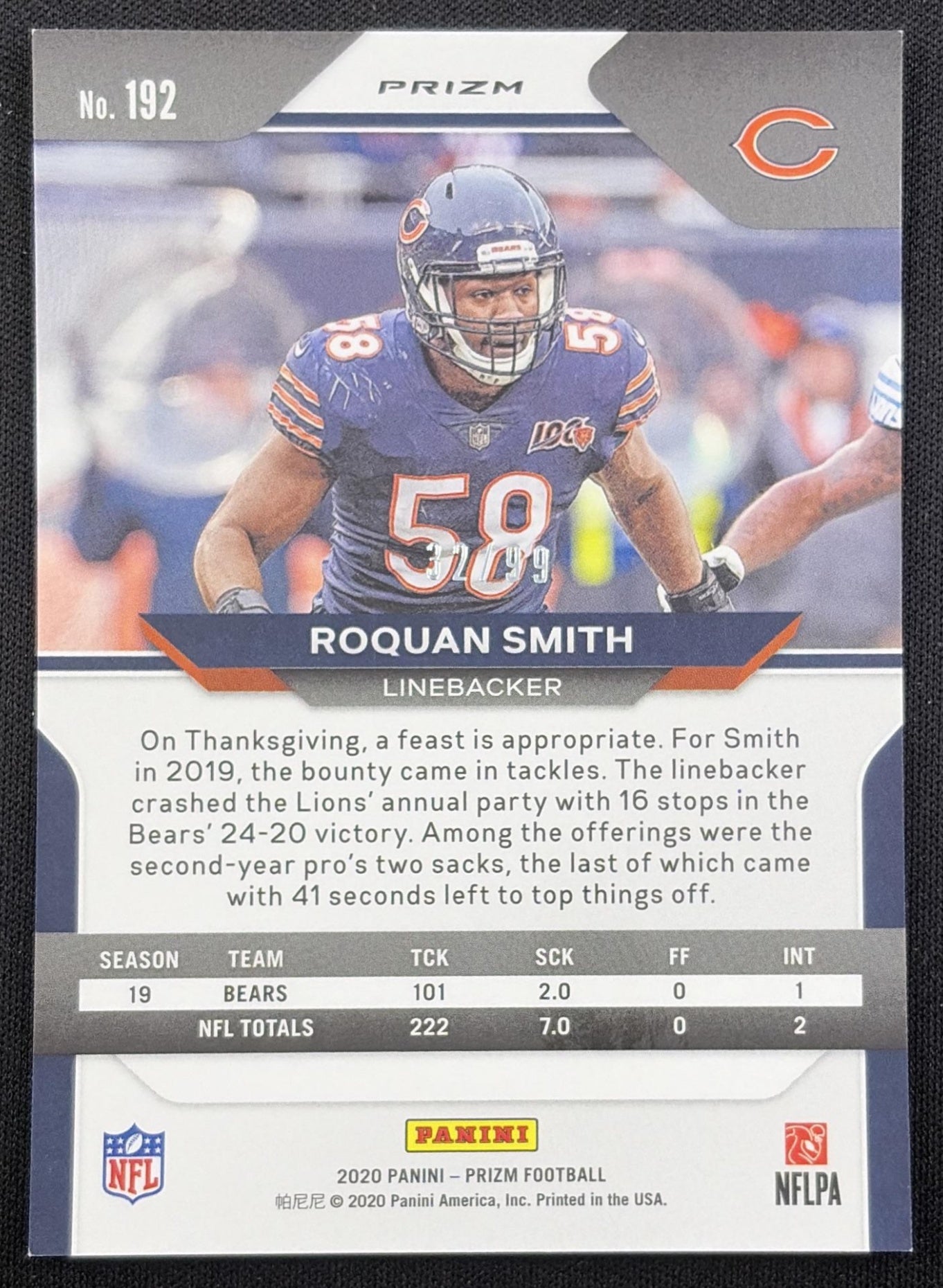 Roquan Smith 2020 Panini Prizm Blue Ice /99 Bears back