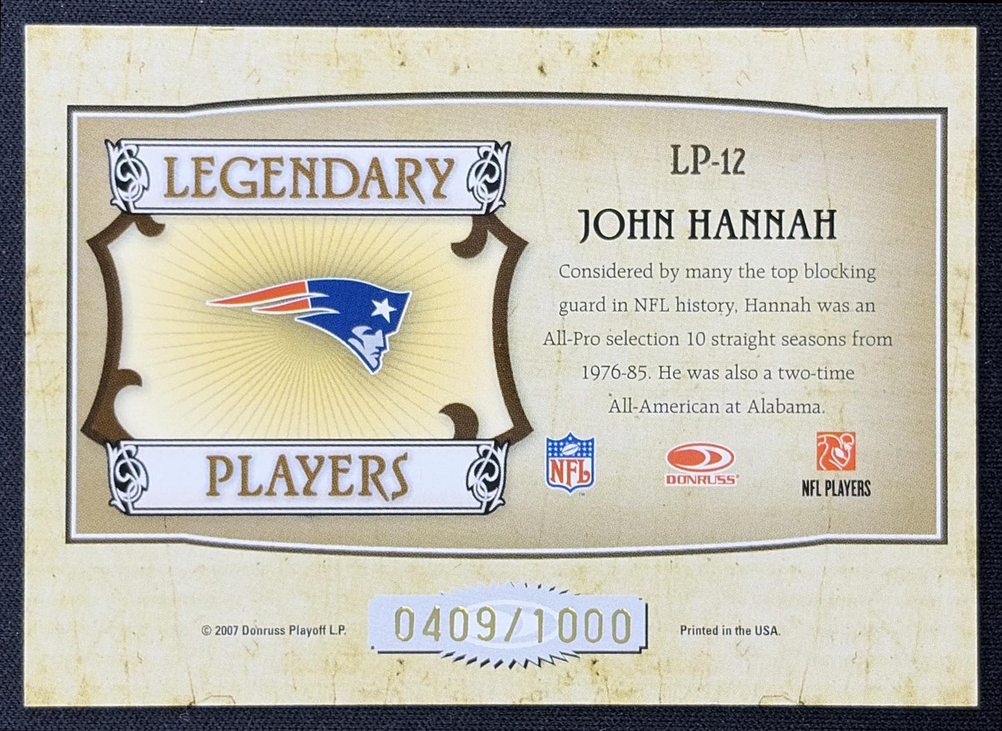 John Hannah 2007 Donruss Classics Legendary Players Bronze /1000 Patriots back
