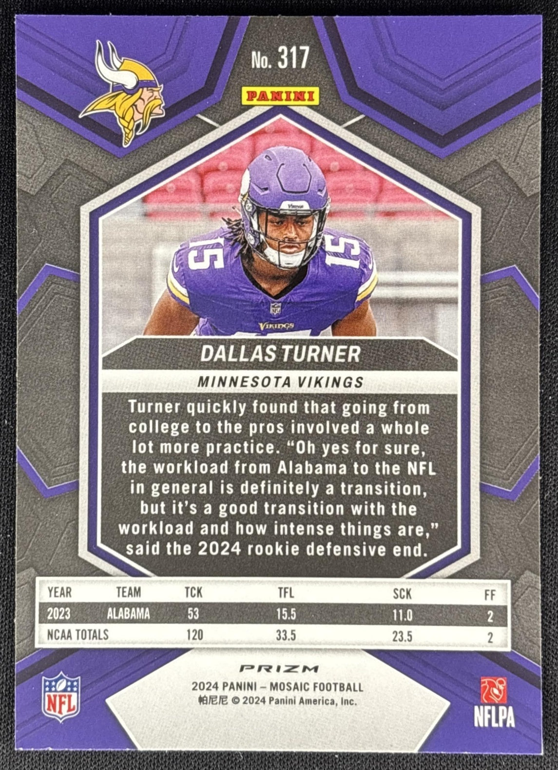Dallas Turner 2024 Panini Mosaic Reactive Blue Prizm Vikings Sports Trading Cards