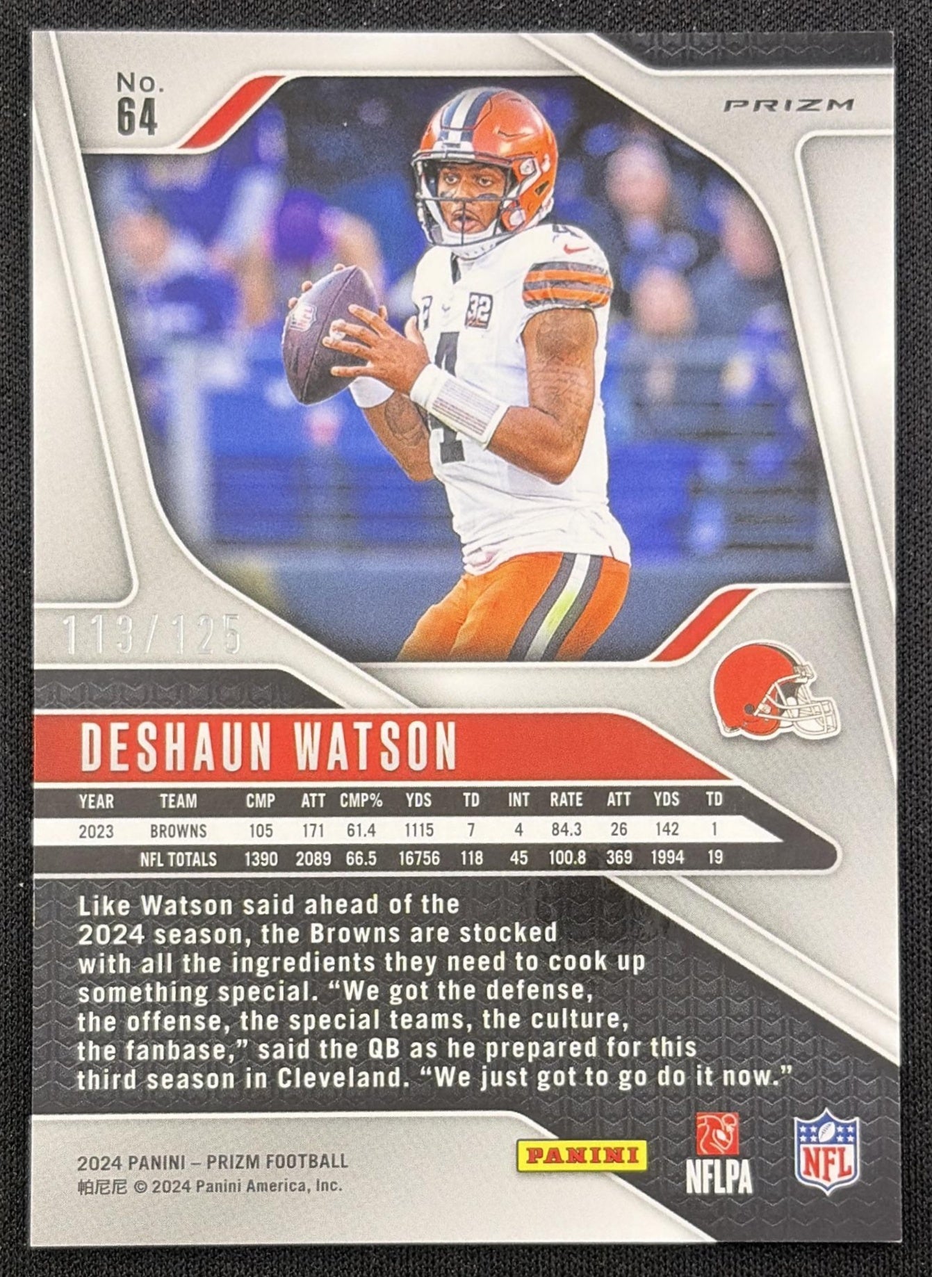 Deshaun Watson 2024 Panini Prizm Purple /125 Browns