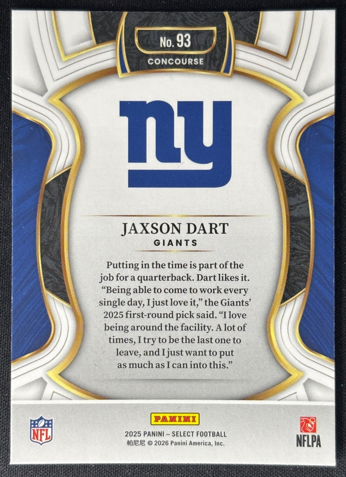 Jaxson Dart 2025 Select Concourse Giants Sports Trading Card