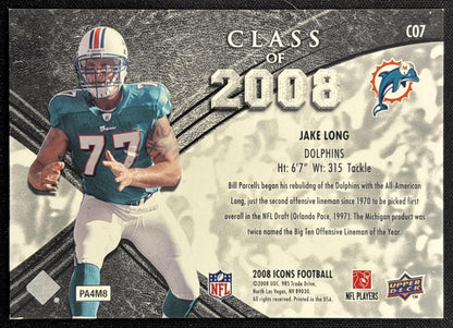 Jake Long 2008 Upper Deck Icons Class of Blue /250 Dolphins back